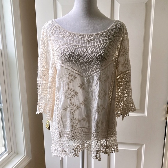 Democracy Tops - Democracy Crochet/Open Knit Relaxed Top Cream Size M